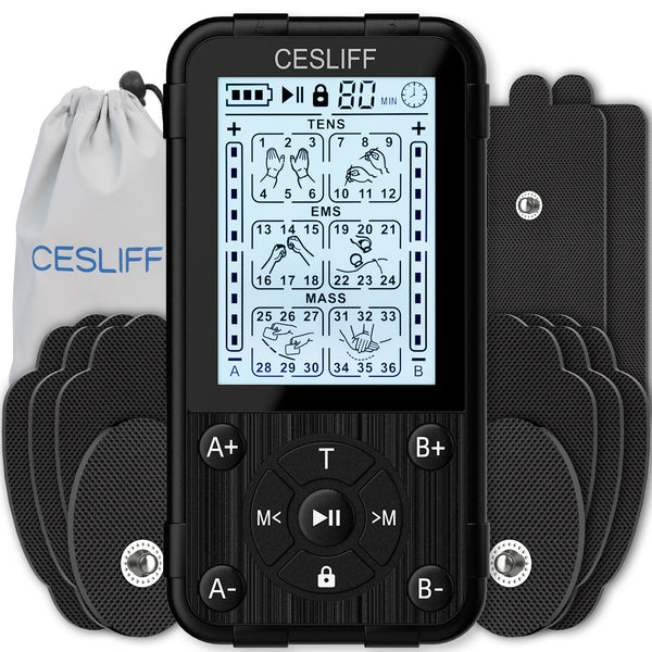 CESLIFF Dual Independent Channel 24 Modes TENS EMS Unit Muscle Stimulator,  Rechargeable Electric Pulse Massager TENS Unit with Memory Function for